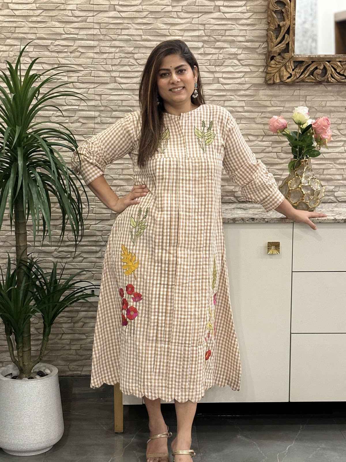premium-handloom-gamcha-checks-embroidered-dress-with-applique-work-light-brown-1