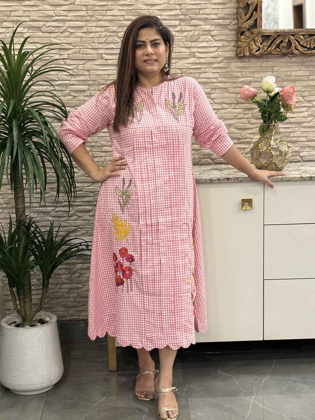 premium-handloom-gamcha-checks-embroidered-dress-with-applique-work-pink-1