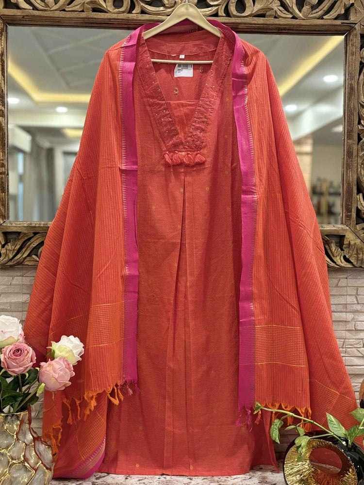 premium-handloom-jamdani-weave-a-line-suit-set-orange-1