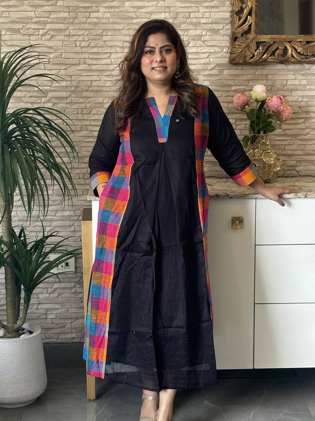 premium-mul-cotton-a-line-dress-with-south-cotton-checks-detailing-pockets-cotton-lining-black-1