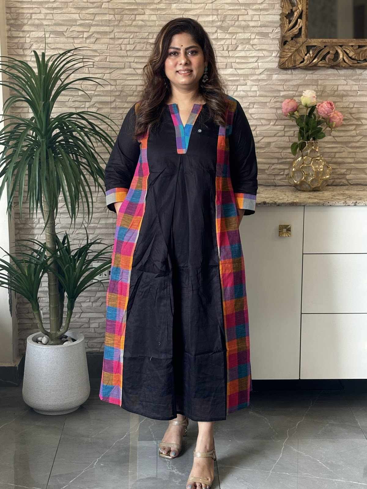 premium-mul-cotton-a-line-dress-with-south-cotton-checks-detailing-pockets-cotton-lining-black-2