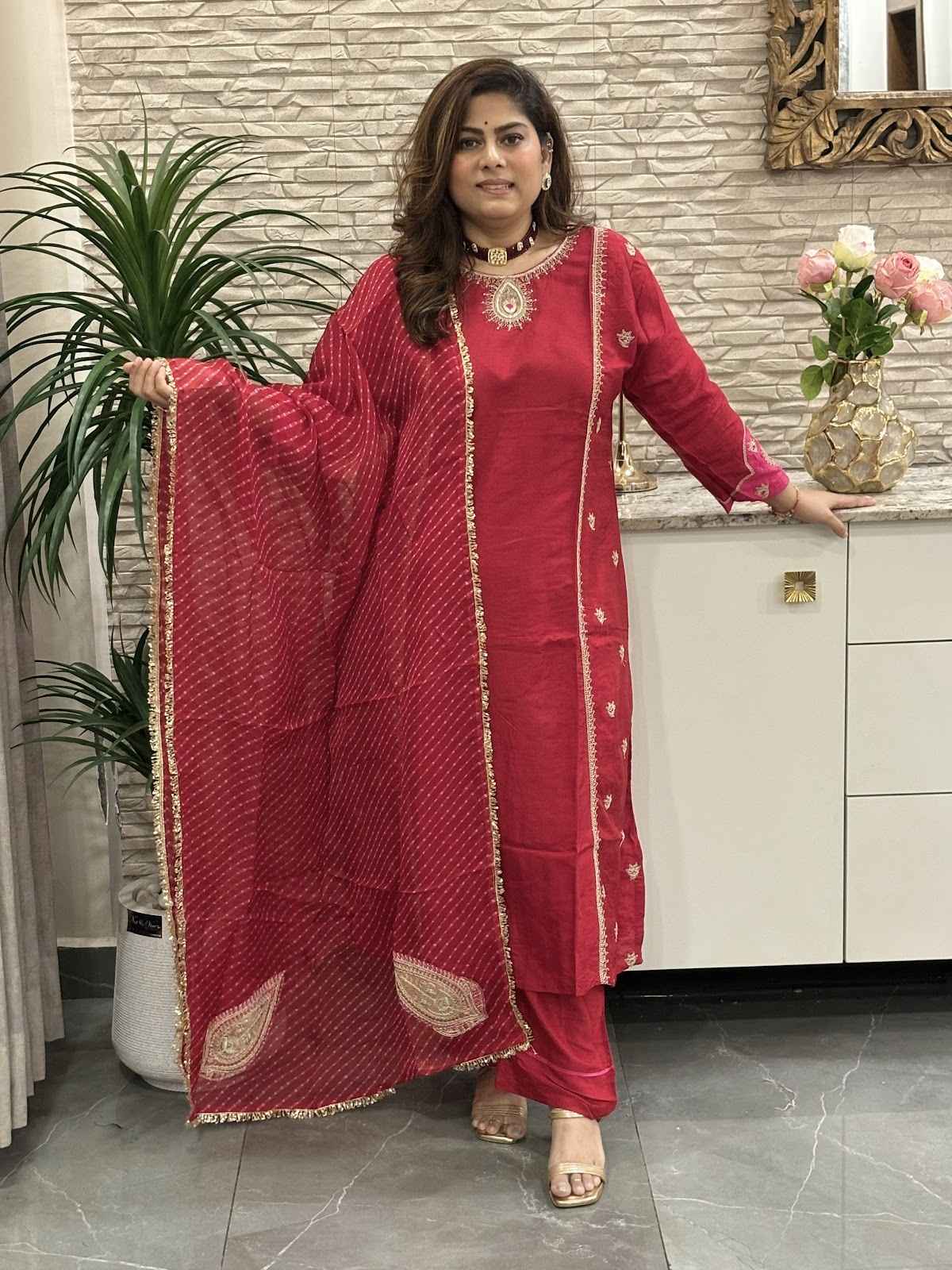 premium-russian-silk-embroidered-a-line-suit-set-with-lining-heavy-work-sleeves-back-paired-with-embroidered-pure-organza-bandhni-print-dupatta-maroon-1