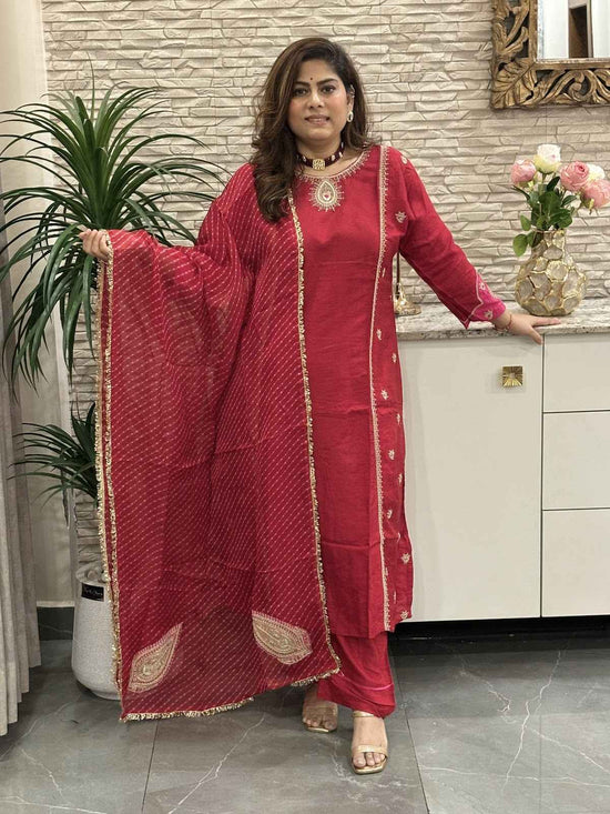 premium-russian-silk-embroidered-a-line-suit-set-with-lining-heavy-work-sleeves-back-paired-with-embroidered-pure-organza-bandhni-print-dupatta-maroon-1
