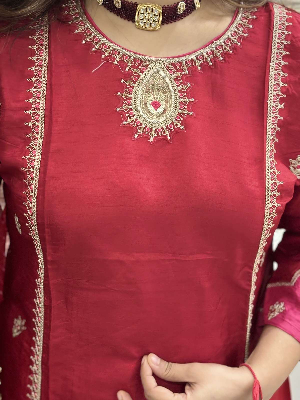 premium-russian-silk-embroidered-a-line-suit-set-with-lining-heavy-work-sleeves-back-paired-with-embroidered-pure-organza-bandhni-print-dupatta-maroon-3