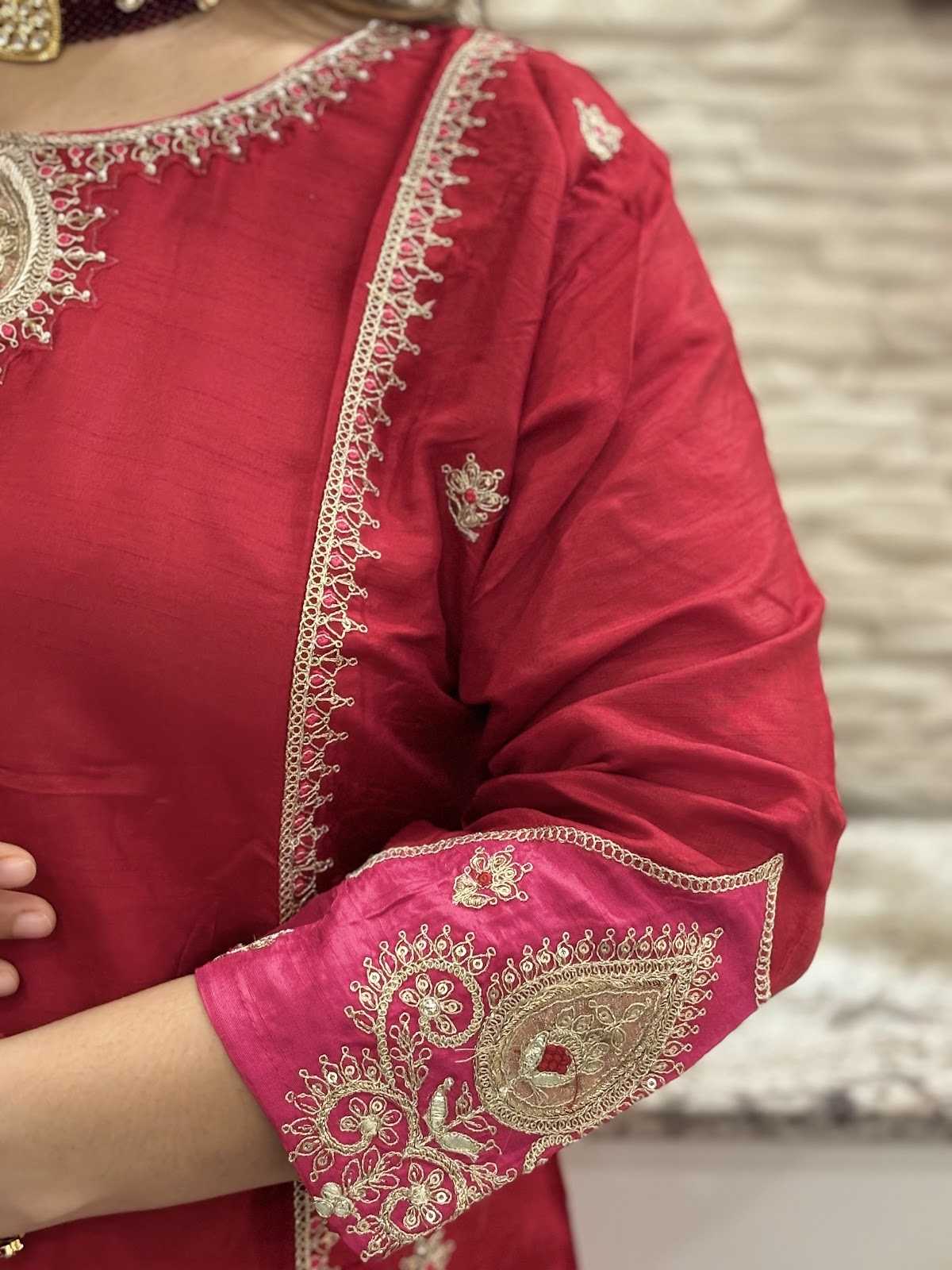 premium-russian-silk-embroidered-a-line-suit-set-with-lining-heavy-work-sleeves-back-paired-with-embroidered-pure-organza-bandhni-print-dupatta-maroon-4