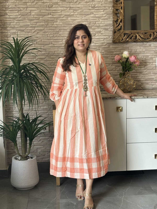 premium-soft-cotton-handloom-stripes-checks-dress-with-pockets-cotton-lining-peach-1