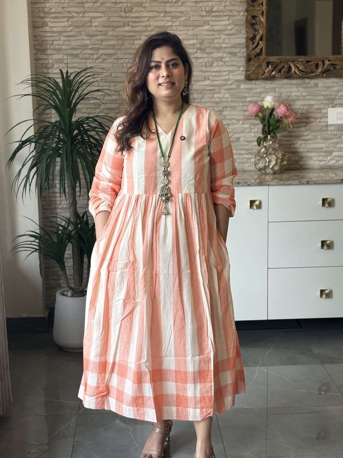 premium-soft-cotton-handloom-stripes-checks-dress-with-pockets-cotton-lining-peach-2