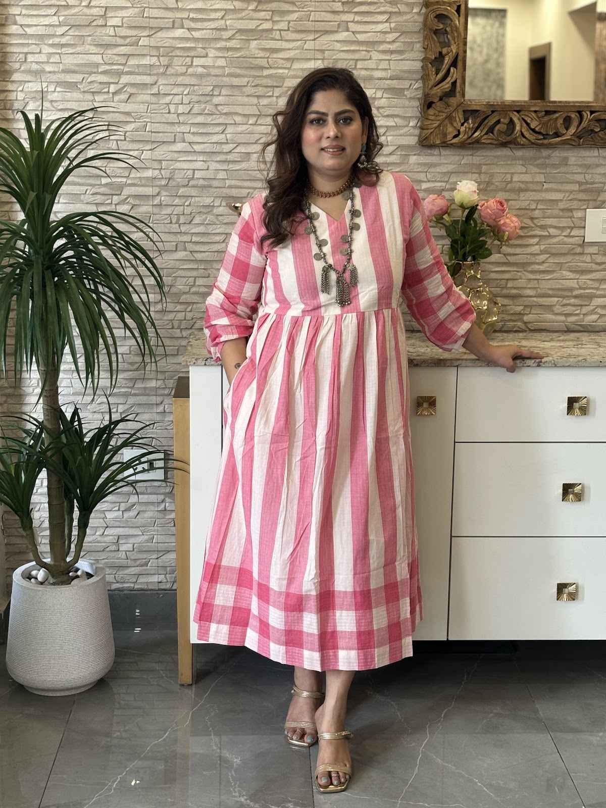 premium-soft-cotton-handloom-stripes-checks-dress-with-pockets-cotton-lining-pink-1