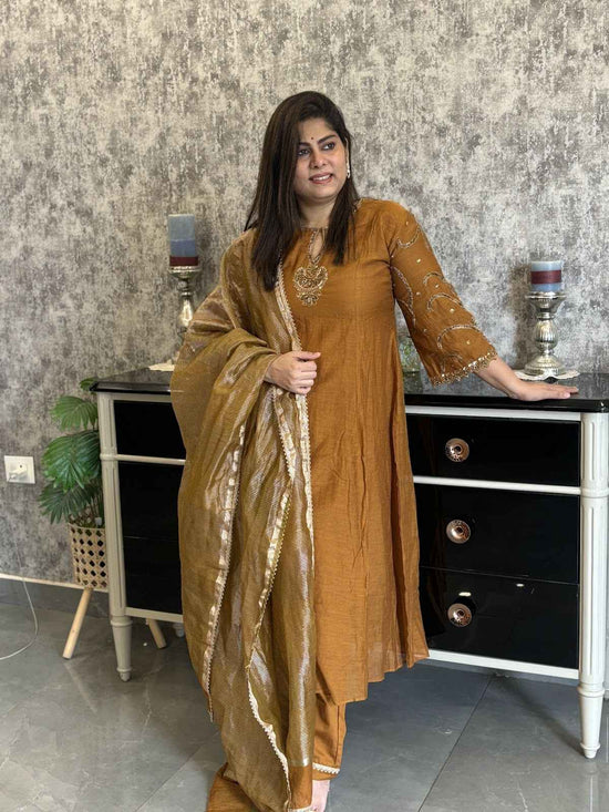 pure-bananas-mul-chander-hand-embroidered-a-line-suit-set-paired-with-tissue-dupatta-golden-brown-1