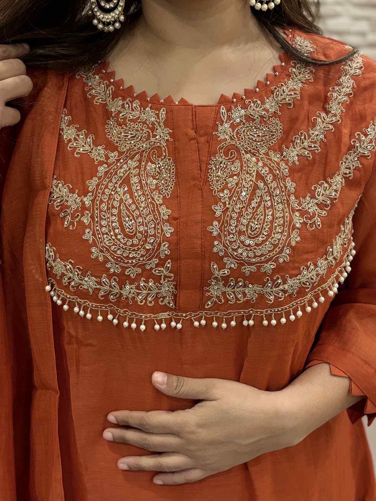 pure-banaras-mul-chanderi-hand-embroidered-a-line-suit-set-with-embroidered-pants-rust-2
