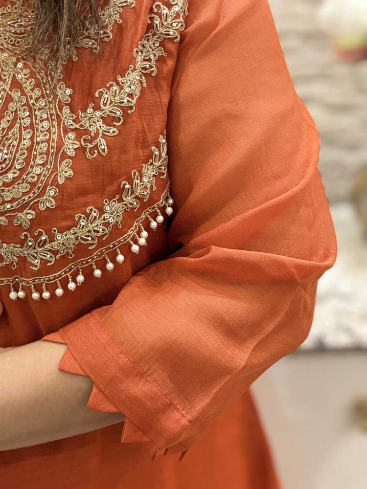 pure-banaras-mul-chanderi-hand-embroidered-a-line-suit-set-with-embroidered-pants-rust-3