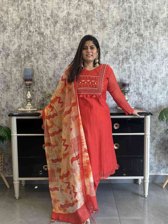 pure-banaras-mul-chanderi-hand-embroidered-mirror-work-a-line-suit-set-paired-with-mul-chanderi-digital-print-dupatta-orangish-red-1