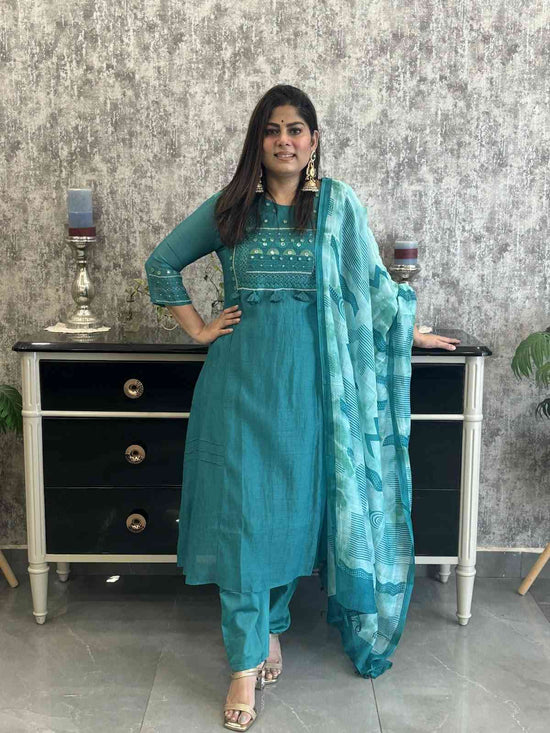 pure-banaras-mul-chanderi-hand-embroidered-mirror-work-a-line-suit-set-paired-with-mul-chanderi-digital-print-dupatta-rama-green-1