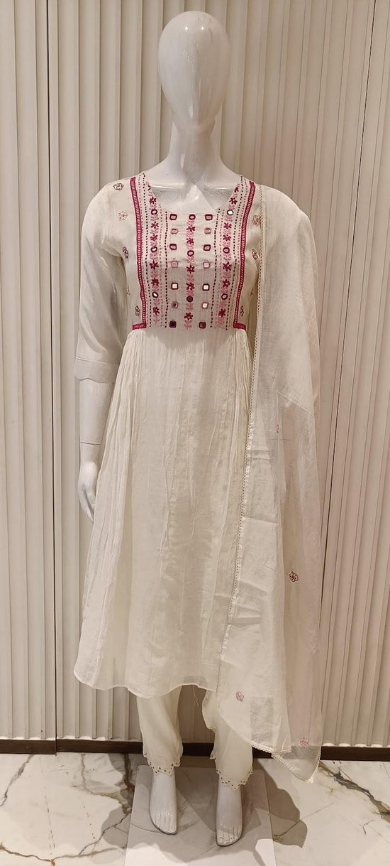 Pure Banaras Mul Chanderi Hand Embroidered Suit Set in Off White