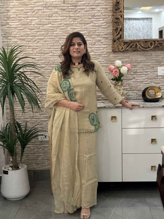 pure-banaras-mul-chanderi-short-kurta-palazzo-hand-embroidered-suit-set-with-mul-cotton-lining-beige-and-bottle-green-1