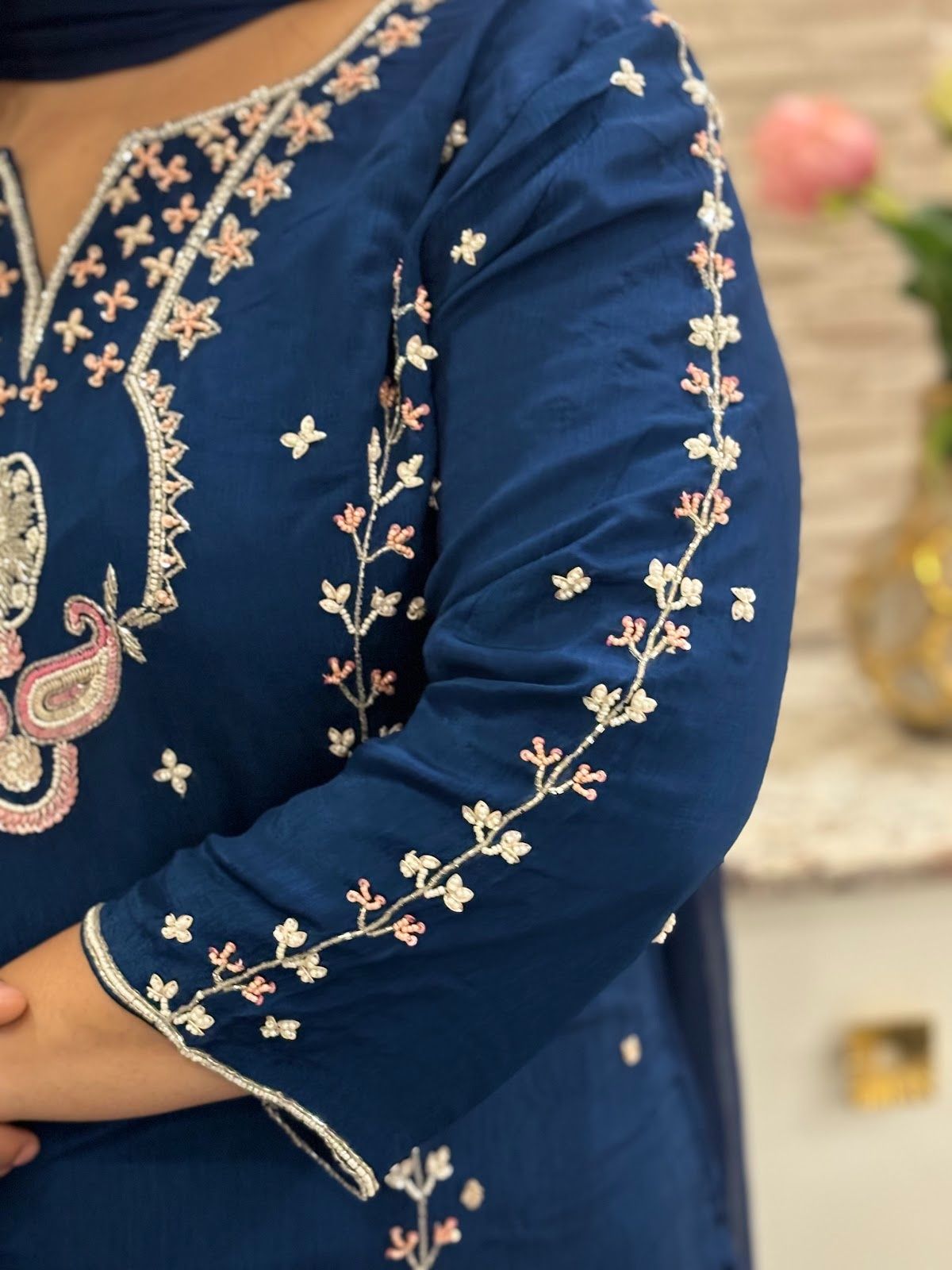 pure-chinnon-hand-embroidered-straight-fit-suit-set-with-embroidered-chinnon-palazzo-paired-with-chiffon-dupatta-royal-blue-2