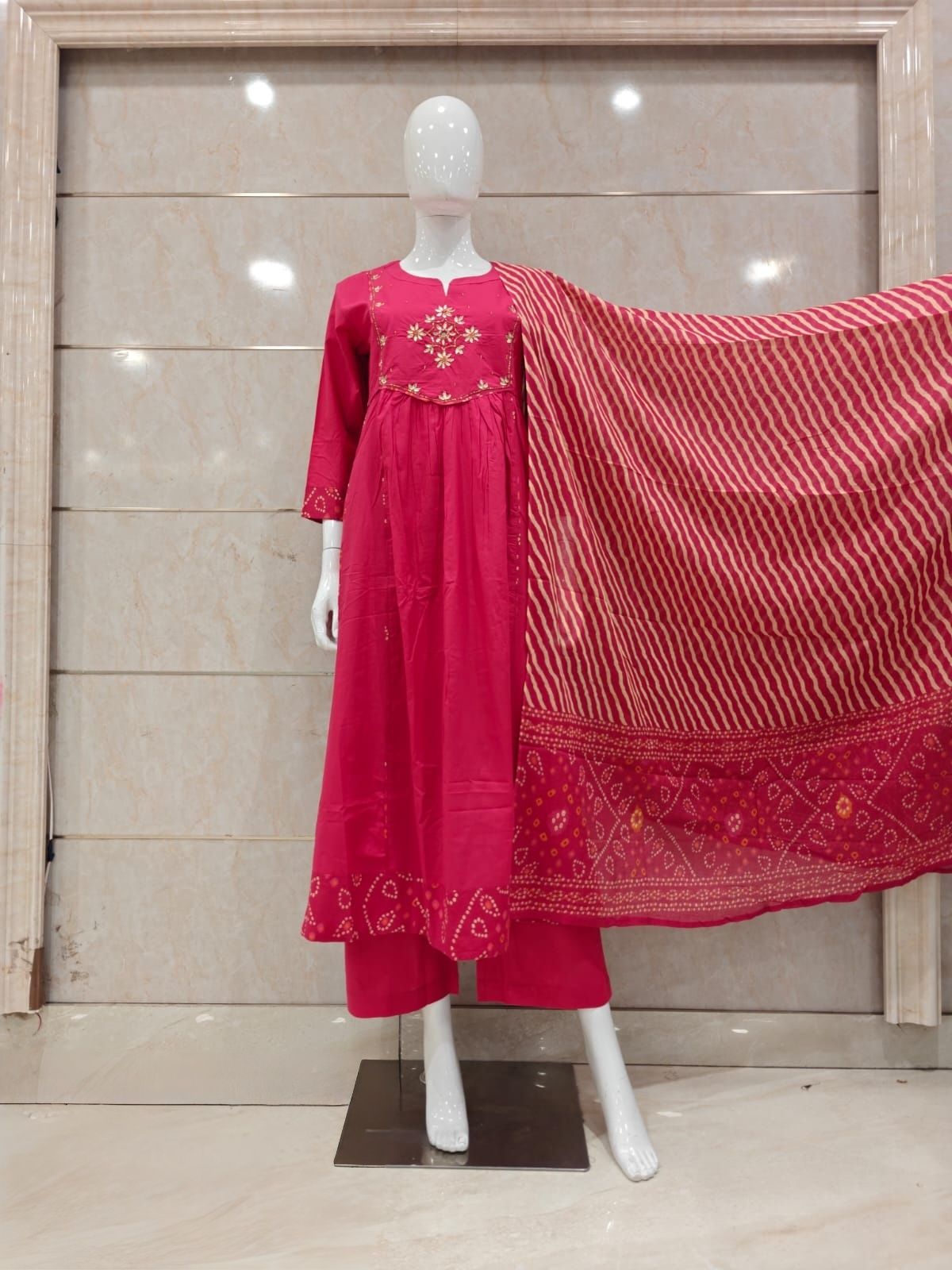 pure-cotton-a-line-gota-work-suit-set-paired-with-lehariya-bandhni-print-mul-cotton-dupatta-rani-1