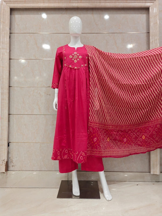 pure-cotton-a-line-gota-work-suit-set-paired-with-lehariya-bandhni-print-mul-cotton-dupatta-rani-1