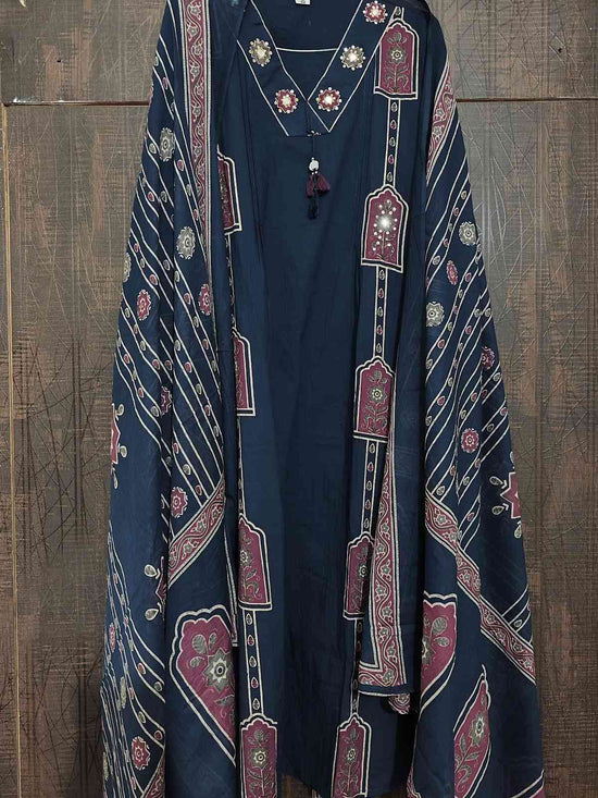 Pure Cotton A-line Printed Suit Set With Embroidered Neck in Navy Blue