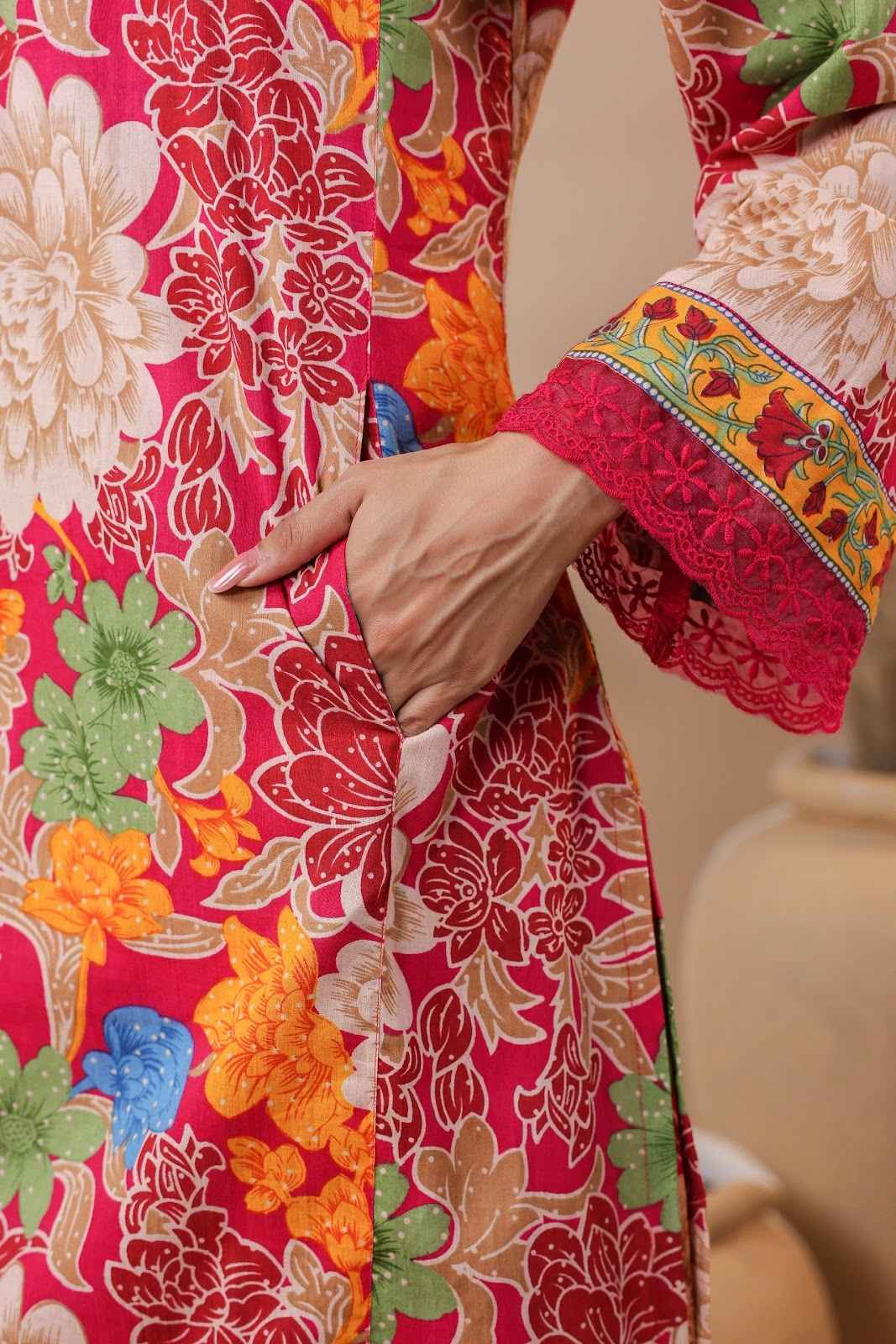 pure-cotton-a-line-short-kurta-style-digital-print-suit-set-with-bell-sleeves-lace-detailing-dark-pink-3