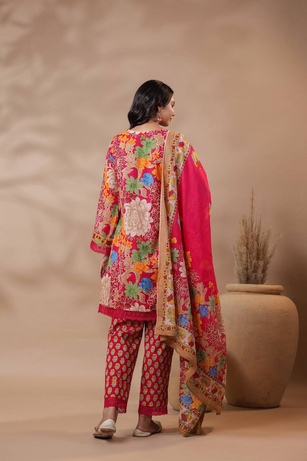 pure-cotton-a-line-short-kurta-style-digital-print-suit-set-with-bell-sleeves-lace-detailing-dark-pink-5