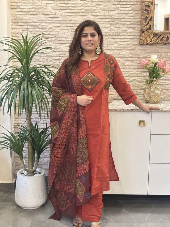 pure-cotton-a-line-suit-set-with-mirror-work-embroidery-at-front-back-rust-1