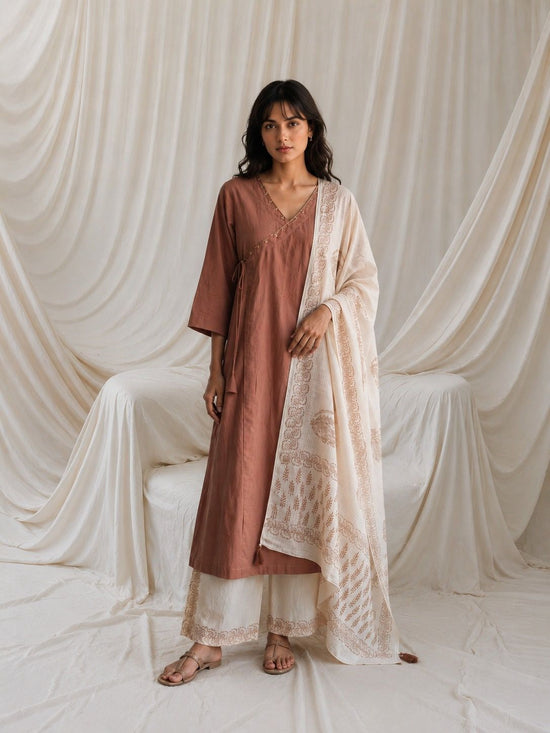 pure-cotton-angrakha-style-hand-embroidered-a-line-suit-set-with-both-side-pockets-hand-block-print-trousers-dupatta-light-brown-2