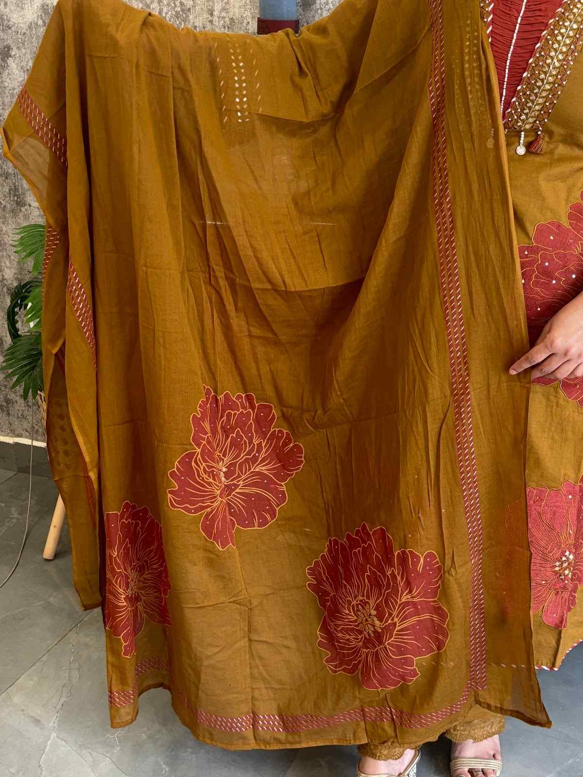 pure-cotton-appliquÃ©-work-embroidered-suit-set-paired-with-mul-cotton-hand-brush-paint-dupatta-mustard-brown-3