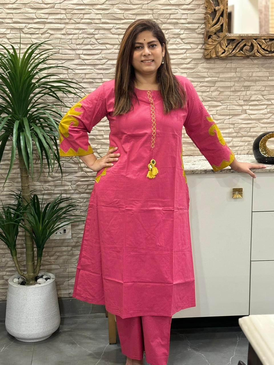 pure-cotton-applique-work-a-line-pant-set-with-applique-work-pockets-pink-1