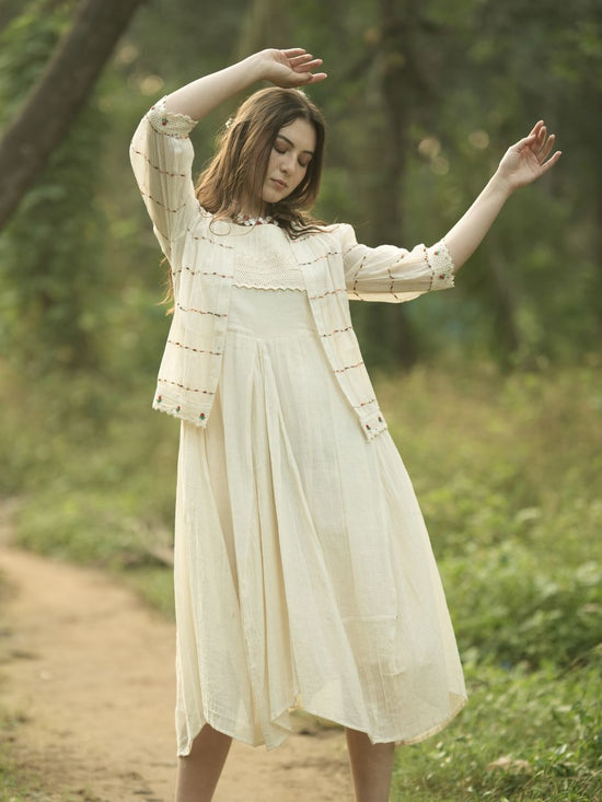 Pure Kora Cotton Asymmetric Pattern Dress with Kora Cotton Weaved Jacket in Off-White