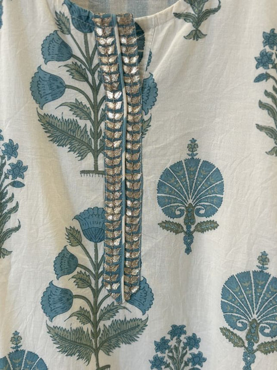 Pure Cotton Block Print Pant Set With Striped Cotton Pants in Blue