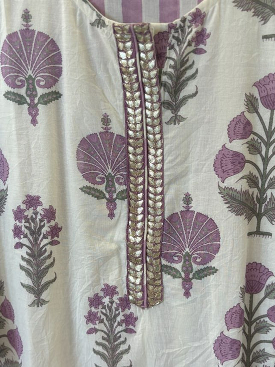 Pure Cotton Block Print Pant Set With Striped Cotton Pants in Lavender