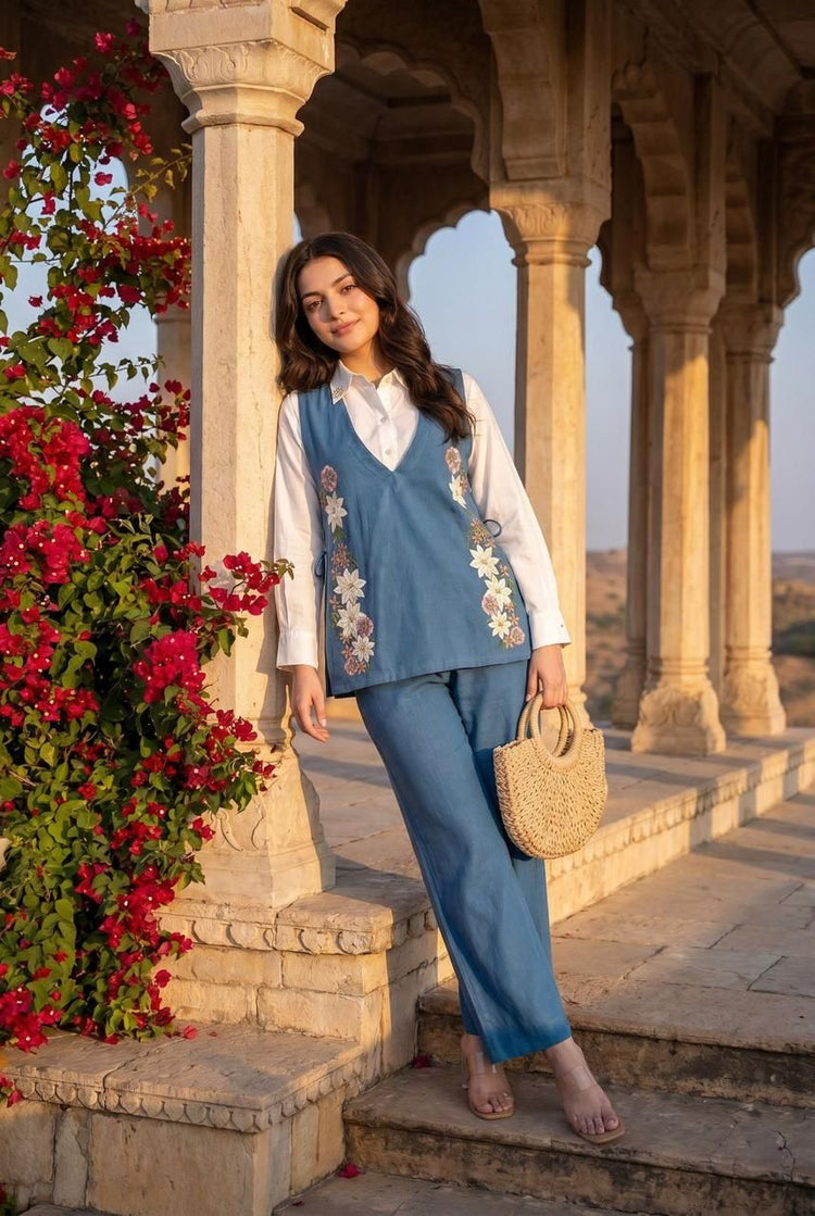 pure-cotton-co-ord-set-with-cotton-slub-embroidered-jacket-pants-blue-1