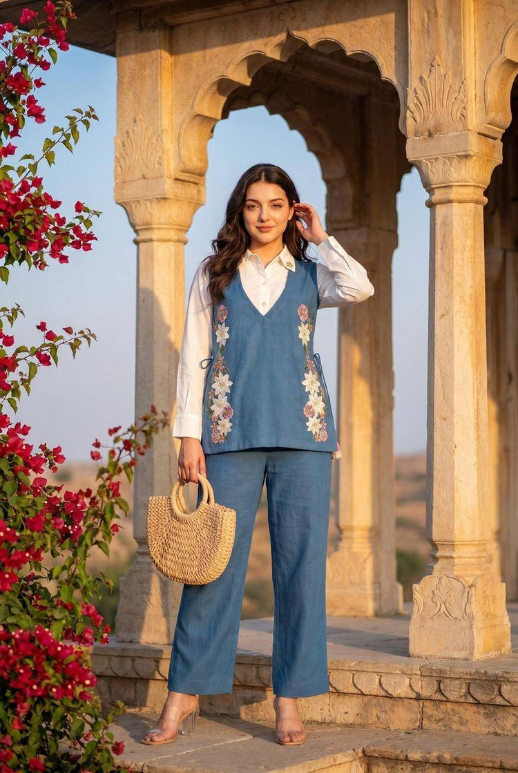pure-cotton-co-ord-set-with-cotton-slub-embroidered-jacket-pants-blue-2