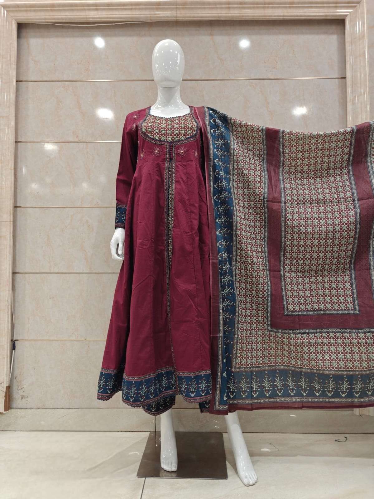pure-cotton-embroidered-anarkali-with-front-slit-sanganeri-print-wine-1