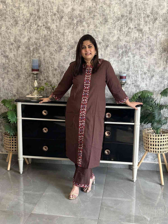 Pure Cotton Embroidered Pant Set with Embroidery at Back in Brown