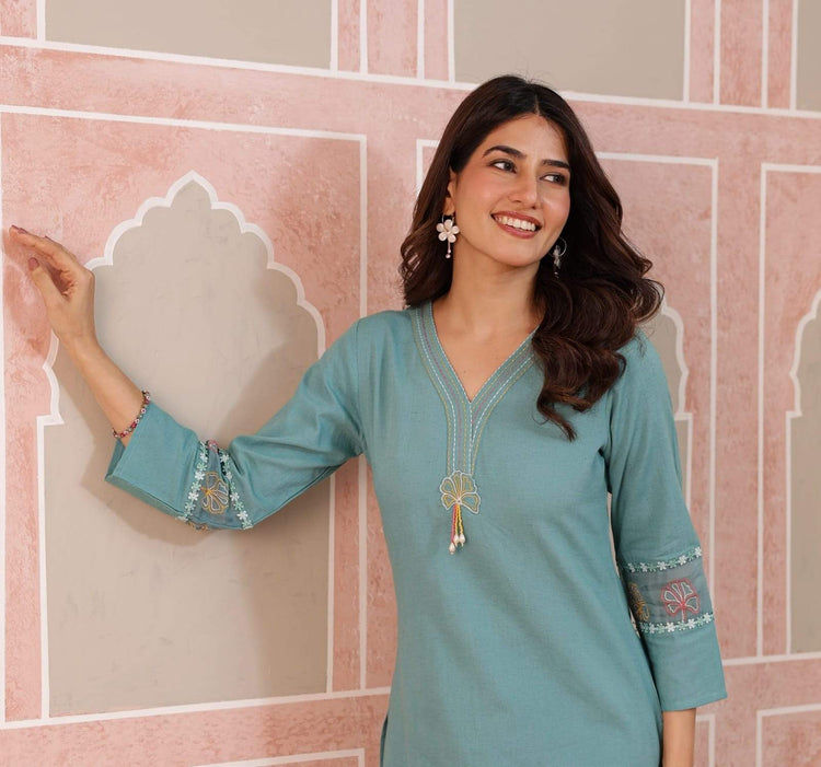 pure-cotton-embroidered-pant-set-with-organza-embroidered-patch-work-blue-2