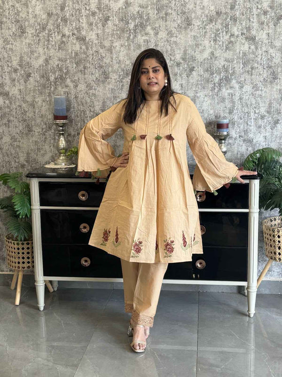 Pure Cotton Hand Block Print Co-ord Set With Bell Sleeves in Light Brown