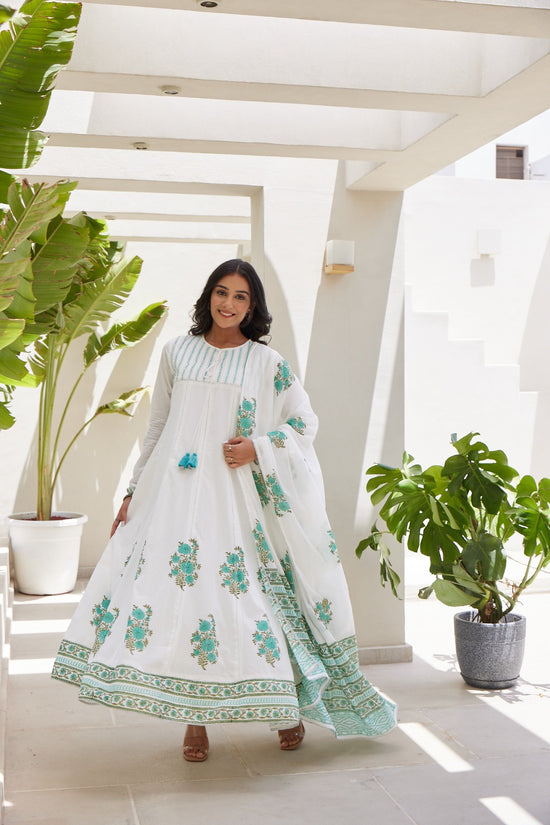 Pure Cotton Hand Block Print Hand Embroidered Anarkali with Churidar Sleeves and Mul Cotton Block Print Dupatta
