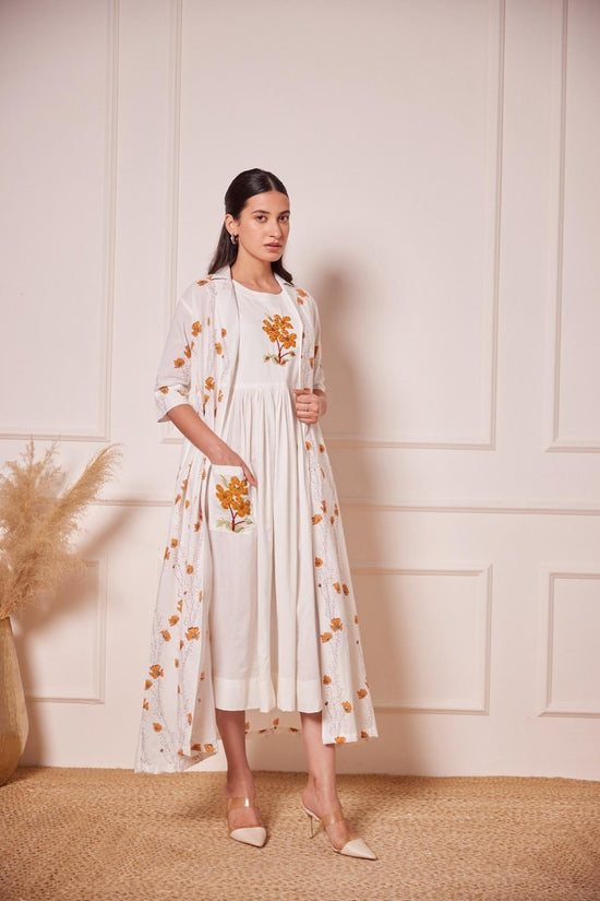 Pure Cotton Hand Block Print Hand Embroidered Shrug Style Dress With Pockets in Off White