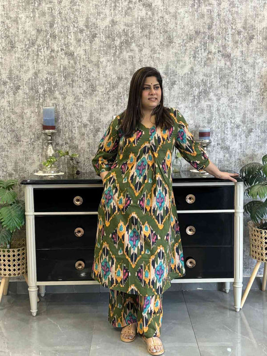pure-cotton-ikkat-print-a-line-co-ord-set-green-1