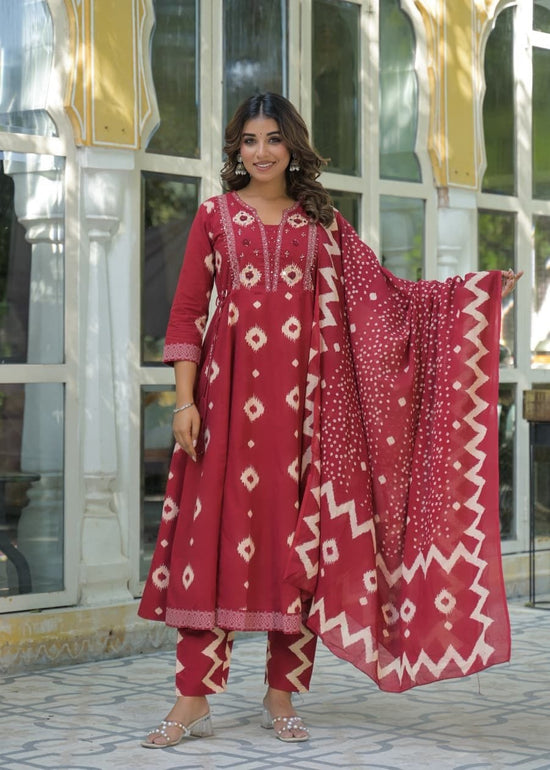 pure-cotton-ikkat-print-embroidered-anarkali-maroon-1