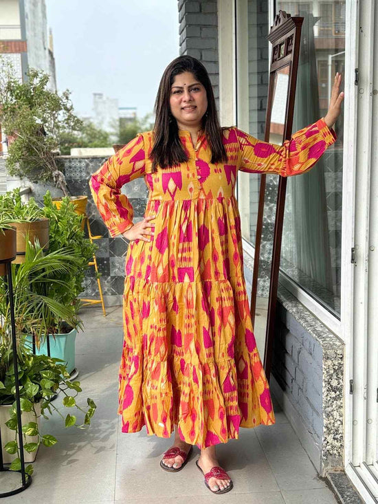 pure-cotton-ikkat-print-tiered-floor-length-dress-mustard-1