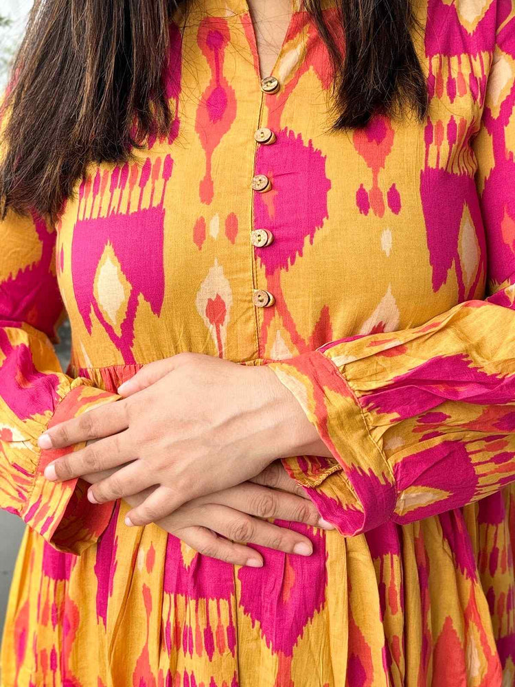 pure-cotton-ikkat-print-tiered-floor-length-dress-mustard-2