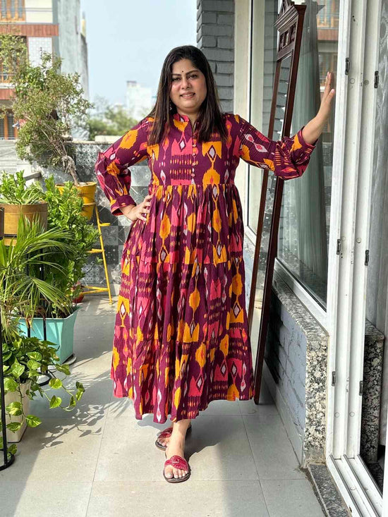 pure-cotton-ikkat-print-tiered-floor-length-dress-wine-1