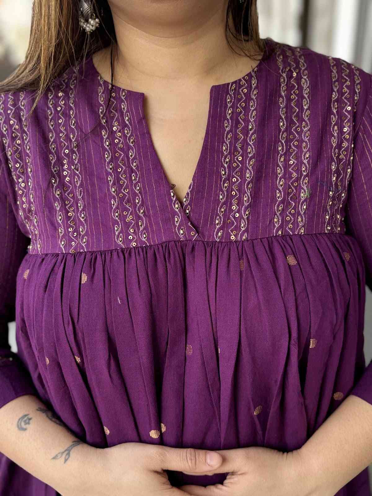 pure-cotton-jamdani-embroidered-dress-with-heavy-gathers-pockets-purple-2