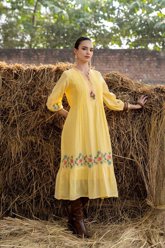 pure-cotton-jaquard-embroidered-dress-yellow-1
