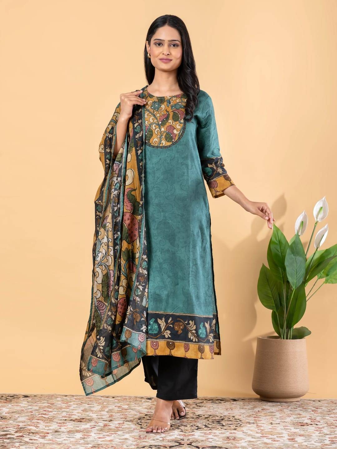 pure-cotton-kalamkari-print-straight-fit-suit-set-dark-green-1