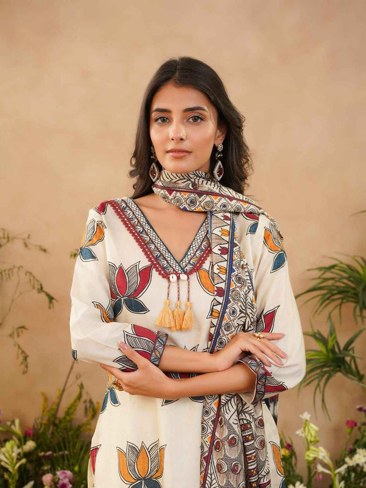pure-cotton-lawn-pichwai-print-suit-set-paired-with-madhubani-print-cotton-lawn-dupatta-beige-3