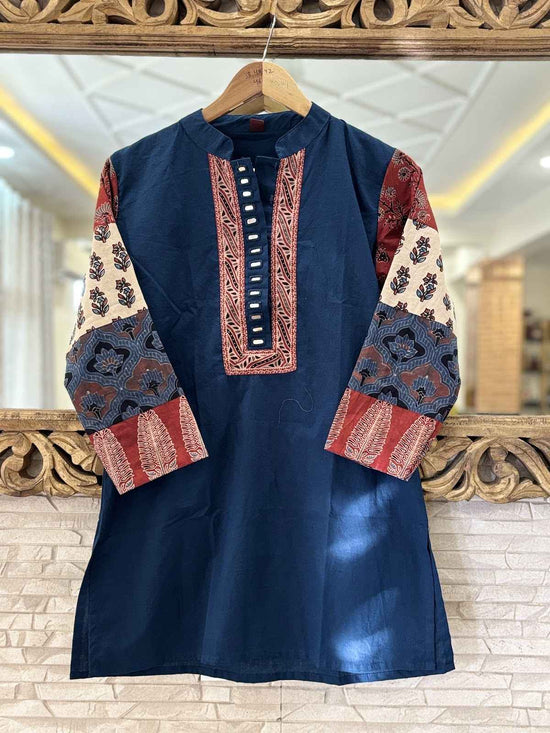pure-cotton-mirror-work-ajrakh-print-short-kurta-blue-1